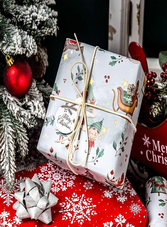 MAYPLUSS Christmas Wrapping Paper Roll - 17IN X 33FT - Santa Claus Gift Wrapping Paper Featuring Sleigh Christmas Tree Gnome Reindeer Holly Gingerbread Reversible Snowflake for Kids, Holiday, New Year - Image 5